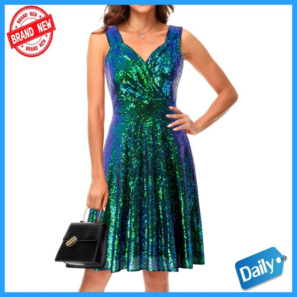 Sequin Sleeveless V-Neck A-Line Evening Party Dress Elegant Formal Wear